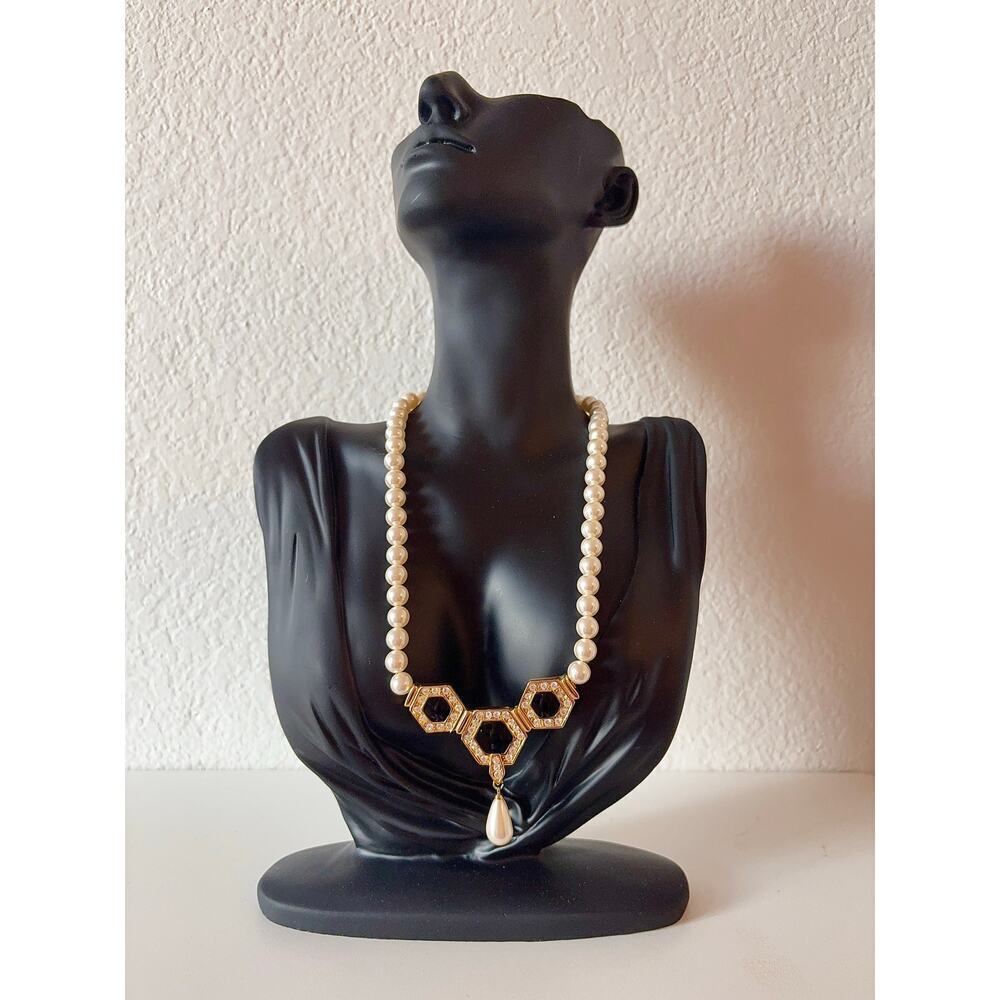 B9 Napier‎ Vintage Necklace Faux Pearl Black Cabochon Art Deco Revival Statement